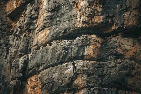 man climbing on the rock, beautiful background with copy spaceの素材