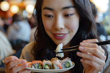 portrait of young beautiful asian woman eating sushi with chopsticksの素材