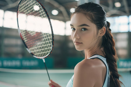 young beautiful woman badminton playerの素材