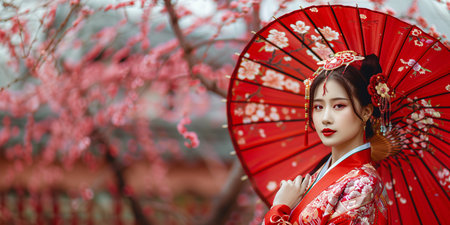 portrait of beautiful asian woman in traditional clothes in spring garden with sakura treesの素材