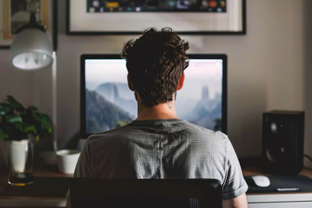young man using modern computer at home officeの素材