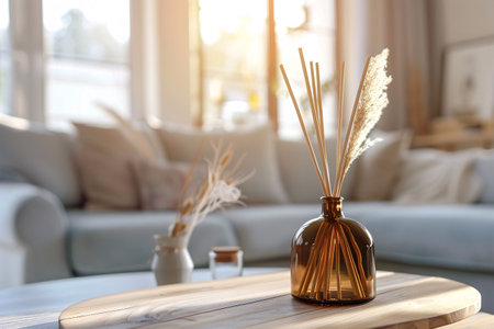 reed diffuser on wooden table in modern bright living roomの素材