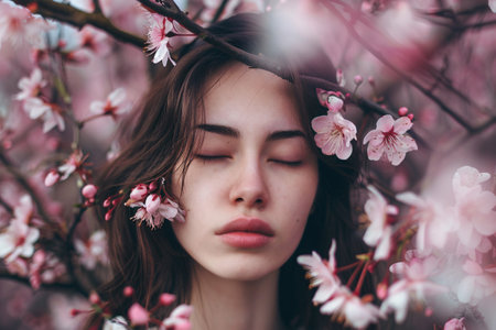 woman with close eyes in pink blooming treesの素材