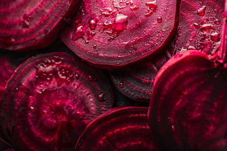 close up of red beet background and water drops with copy space for text or logoの素材