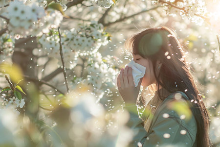 woman sneezes into a white tissue in blooming treesの素材