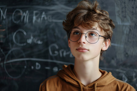 teenage boy student in eyeglasses over blackboard with copy space for textの素材