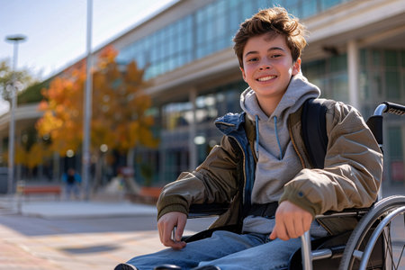 cheerful teenage boy in a wheelchair in modern schoolの素材