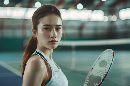 beautiful female badminton player on the courtの素材
