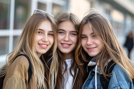 cute teenage girls friends in modern schoolの素材