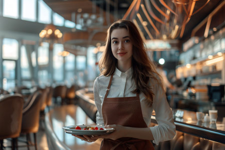 young waitress with white plate in modern restaurantの素材