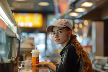 beautiful teenage girl working in fast food restaurantの素材