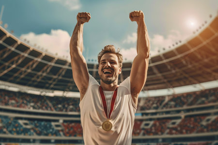 portrait of happy male athlete celebrating his win on the stadiumの素材