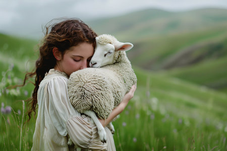 woman hugging sheep on green fieldの素材