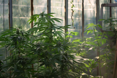 marijuana plants in the room with big windows with copy spaceの素材
