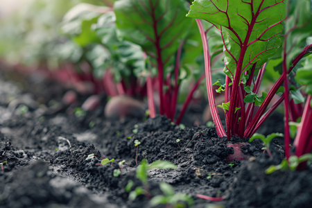 close up of beets in soil with copy space for text or logoの素材