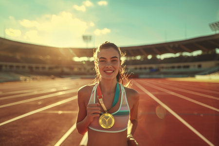 portrait of happy beautiful woman athlete with gold medal on the stadiumの素材