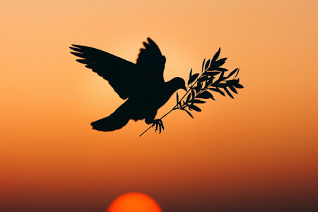 silhouette of dove carrying olive tree branch over sunset sky backgroundの素材