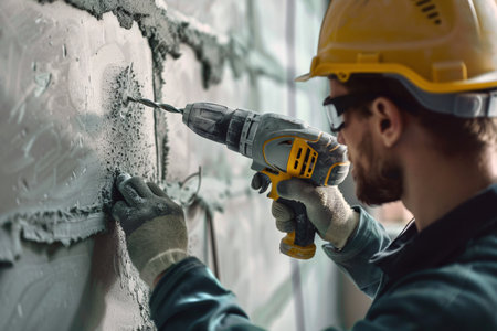 back view of man in hardhat drills a wall with modern drillの素材