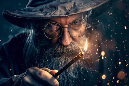 old bearded wizard in glasses and hat holding magic wandの素材