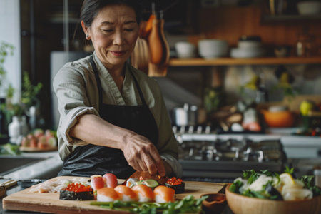 asian woman cooking sushi at the kitchenの素材