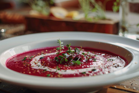 Close up of beet soap served in a white bowl in restaurantの素材
