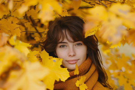 close up portrait of beautiful woman in autumn park with yellow leavesの素材