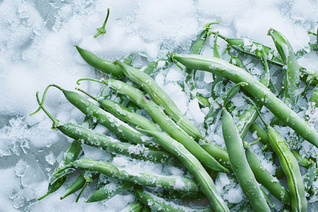 frozen raw green beans in iceの素材