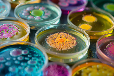 microbiology background, close up of colorful bacteria colonies in petri dishesの素材