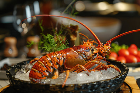 lobster on ice in plate in the modern restaurant with copy spaceの素材