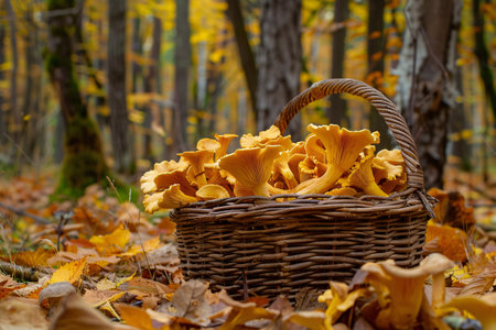 basket of raw chanterelles mushrooms in autumn forestの素材