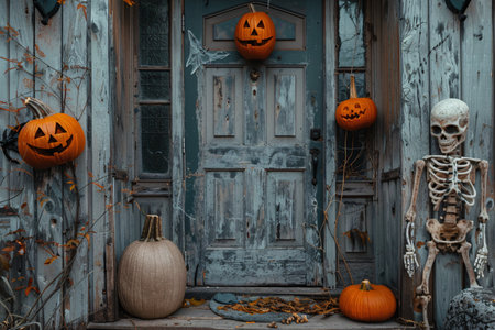old creepy door of house with skeleton and pumpkinsの素材