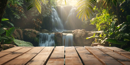 wooden table with copy space and beautiful tropical waterfall on the backgroundの素材