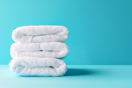 stacked white cotton towels over blue background with copy spaceの素材