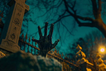 zombie hand rising out of graveyard at night in cemetery with copy spaceの素材
