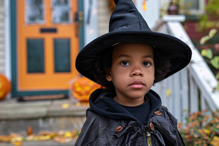 little handsome boy in halloween costume with black hat near house with copy spaceの素材
