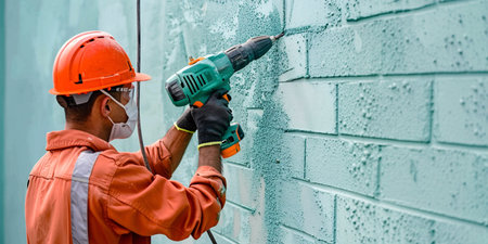 back view of man builder in uniform drills a wall with a modern drillの素材