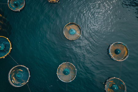 top view of salmon fish farm in ocean with copy spaceの素材