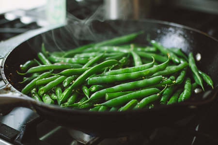 vegetarian food cooking, fresh green beans in a skilletの素材
