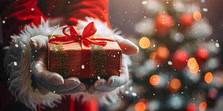 santa claus hands with red gift box with copy spaceの素材