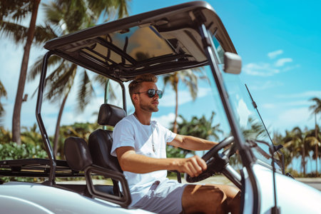 man in white tshirt in golf car in sunny dayの素材