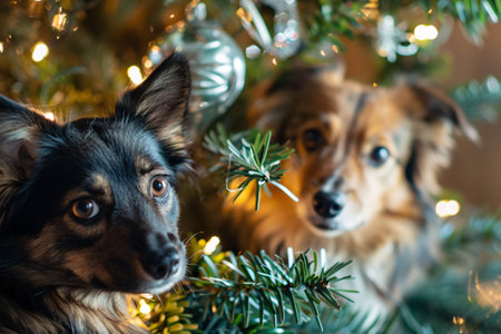 two dogs near decorated christmas treeの素材