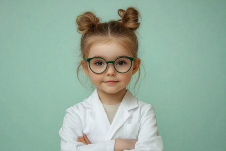 little girl scientist on green background with copy space for textの素材