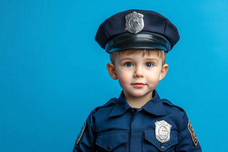 little boy in police clothes on blue background with copy spaceの素材