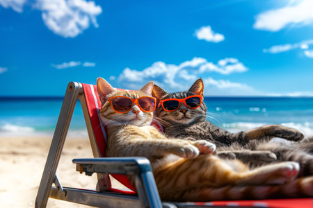 two cute cats in sunglasses lying on the beachの素材