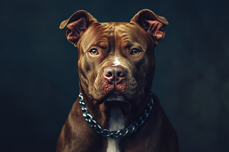 big brown strong pitbull with chain on neck on dark background with copy space for textの素材