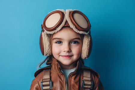 little happy girl in pilot clothes on blue backgroundの素材