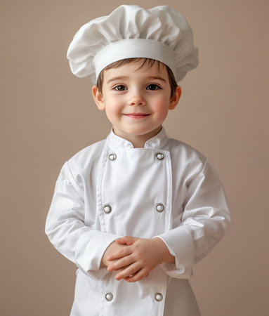 cute little boy in chef clothes on beige backgroundの素材