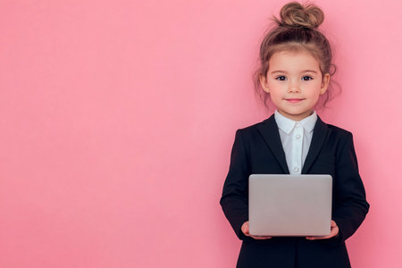 little girl in business suit with laptop on pink background with copy spaceの素材