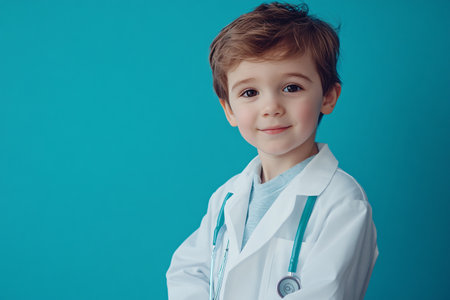 little boy in doctor clothes on blue background with copy space for textの素材