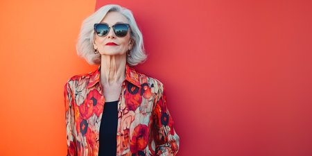 lady above 70 years old on red background with copy spaceの素材